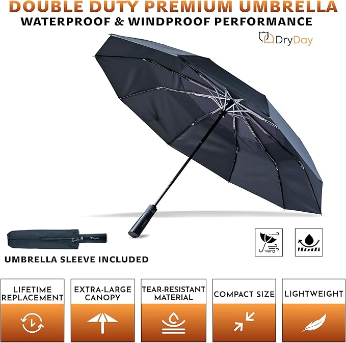 DryDay Premium Umbrellas for Rain, Large Windproof Double Canopy Umbrella, 10 Aluminum Ribs, Sturdy Frame, Auto Open Close Unique Handle, Windproof & Waterproof Umbrella for Women & Men