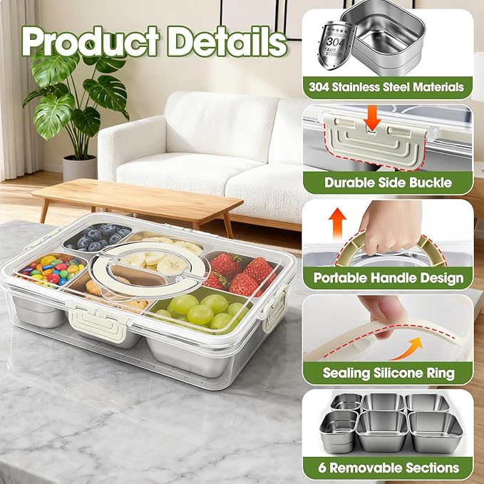 Snackle Box Container, Divided Serving Tray with Lid and Handle, Portable Snack Box with 304 Stainless Steel Container, 6 Compartments Snak Platter for Veggie, Fruit, Perfect for Party Picnic Office