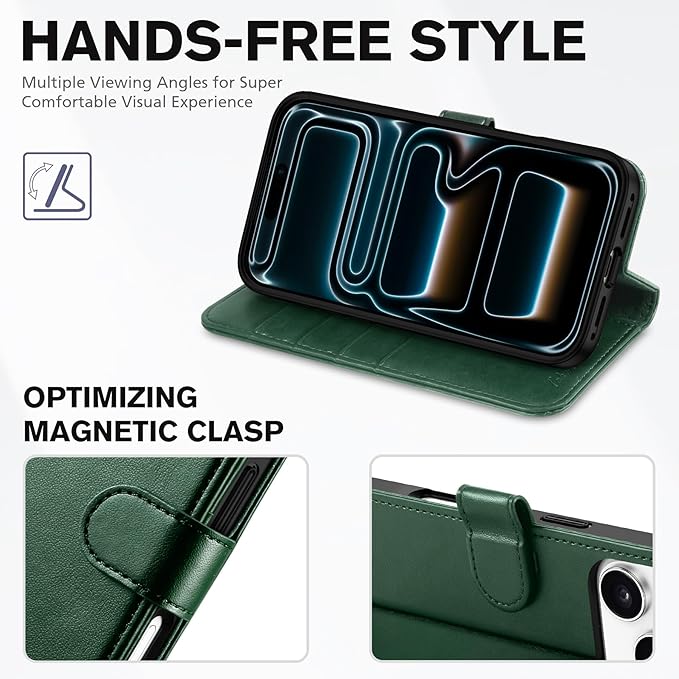 TUCCH Wallet Case for iPhone 17 Pro (6.3") 2025, RFID Blocking 4 Card Slots, Kickstand, Shockproof TPU Shell, PU Leather, Magnetic Closure, Protective Flip Folio Cover, Evergreen