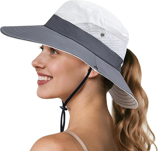 NPQQUAN Ponytail Sun Bucket Hats for Women Men Wide Brim UPF 50+ Fishing & Beach Hats