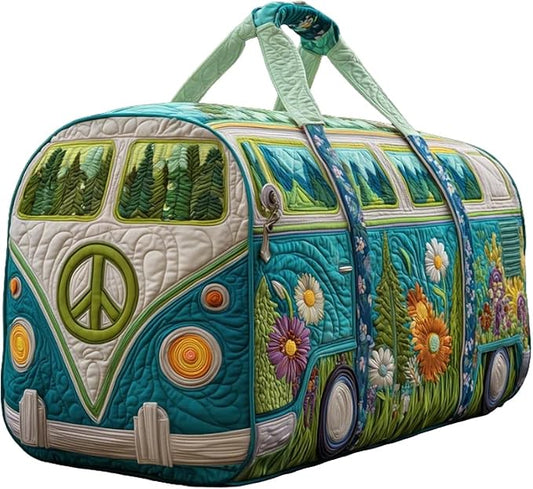 Hippie Journey Quilted Duffel Bag Hippie Van Travel Duffel Bag Vintage Floral Weekender Overnight Bags Women Gym Bags