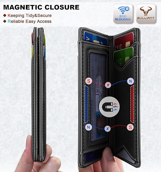 BULLIANT Men Wallet,Top Grain Leather Slim Wallet Magnetic Closure Simplifed Bill Folder RFID Blocking 11Cards