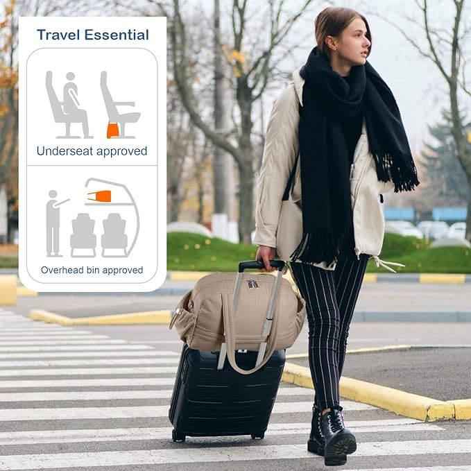 TOPDesign Travel Duffel Bag for Women, Puffer Gym Bag Sports Tote with Wet Pocket, Carry On Weekender with Luggage Sleeve (Camel)