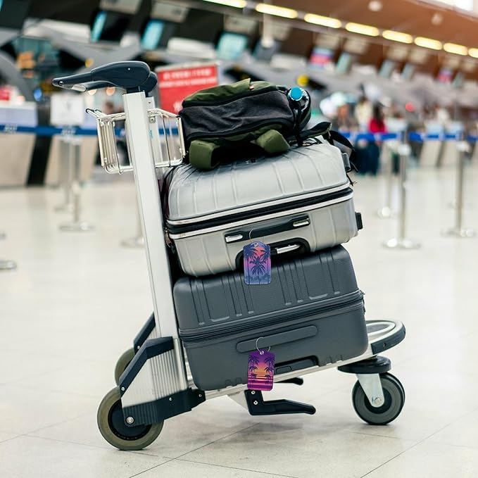 2 Pack Luggage Tag for Suitcase Sunset with Palm Trees Leather Suitcase Tags with Privacy Name ID Label and Stainless Steel Loop for Travel Bag