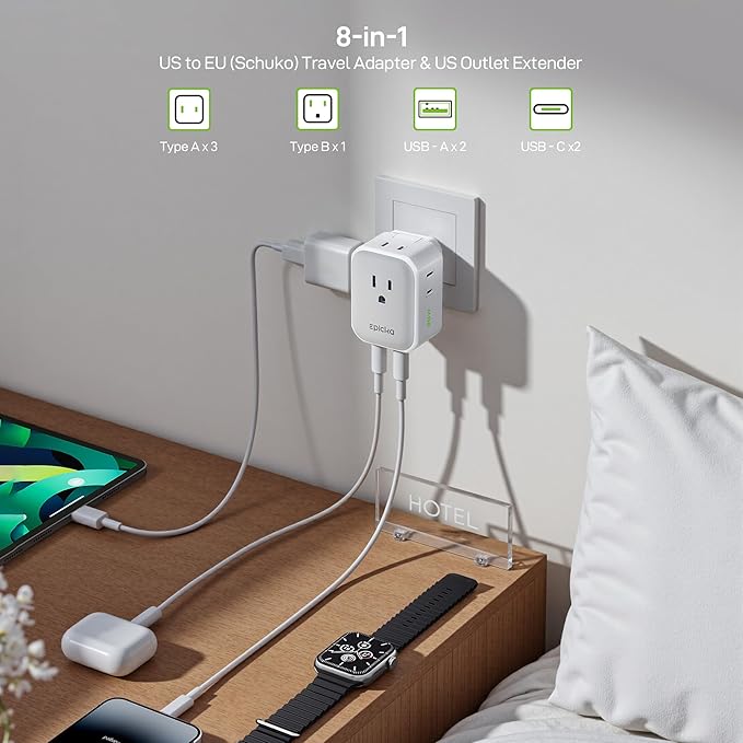 EPICKA Hybrid Travel Plug Adapter, 2 Packs Foldable & Detachable Type EF VisaPlug, 8-in-1 International Power Adapter with 4 USB Ports (2 USB-C PD 20W), Travel Essentials for US to German France