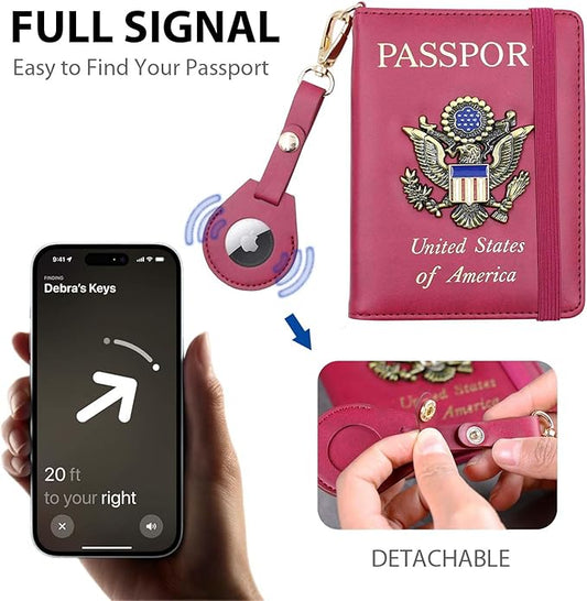 Cnycmy Passport Holder with Airtag,Passport-Wallet-Holder for Women, RFID Passport Holder with Slot Waterproof, PU Leather Travel Passport Case (wine red1)