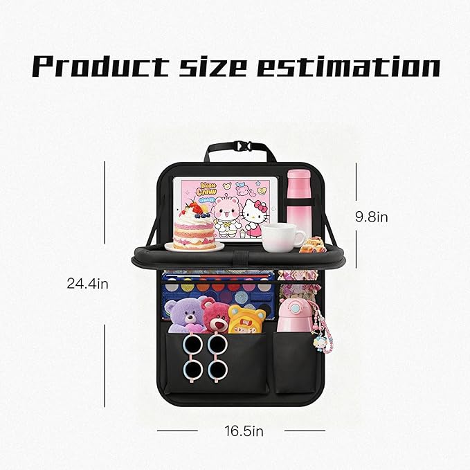 2 Pack Black Backseat Car Organizer with Tablet Holder & Six Storage Pockets - Back of Seat Car Organizer, Road Trip Essentials, Kick Mats for Kids, Vehicle Tidy Protector