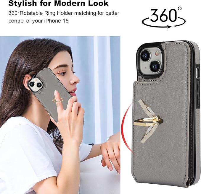 Folosu Compatible with iPhone 15 Case Wallet with Card Holder, 360°Rotation Finger Ring Holder Kickstand, RFID Blocking Leather Protective Double Buttons Shockproof Cover 6.1 Inch Gray