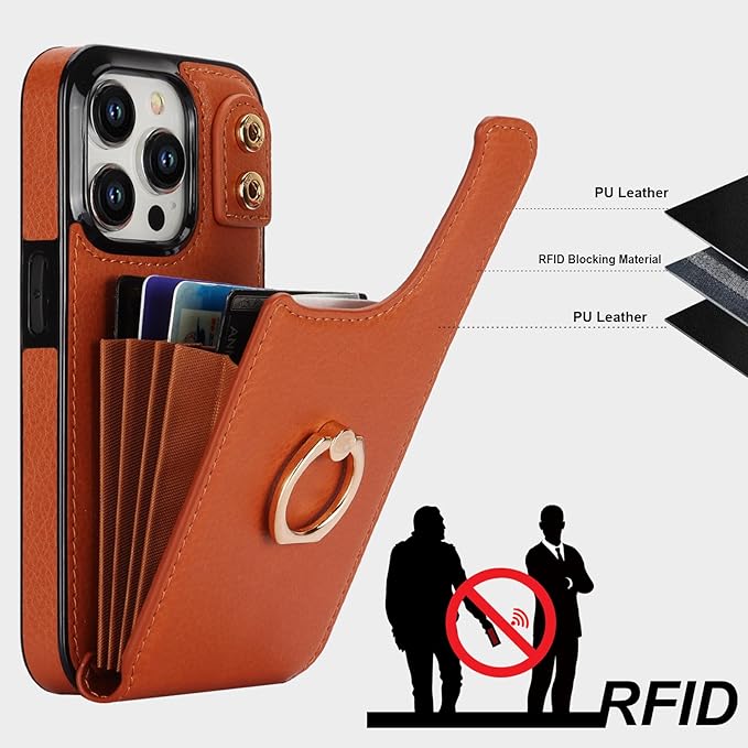 Folosu Compatible with iPhone 15 Pro Case Wallet with Card Holder, 360°Rotation Finger Ring Holder Kickstand, RFID Blocking Leather Protective Double Buttons Shockproof Cover 6.1 Inch Brown