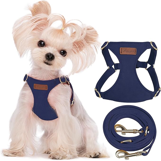 Puppytie No Pull XXS Puppy Harness with Multifunction Dog Leash,Soft Adjustable No Choke Escape Proof Pet Harness Vest,Navy,XXS