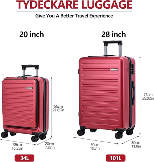 TydeCkare 2pcs 20/28" Luggage Set Lightweight HardShell, Only 20 Inch Carry On 21.65 * 15.35 * 7.87" Cabin Suitcase with Front Pocket, 28 Inch 19.68 * 11.81 * 29.92" Checked Luggage, Wine Red