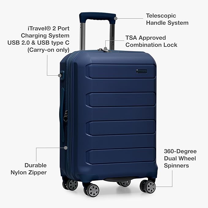 Traveler's Choice Pagosa Indestructible Hardshell Expandable Spinner Luggage, Navy, 22-Inch Carry-on