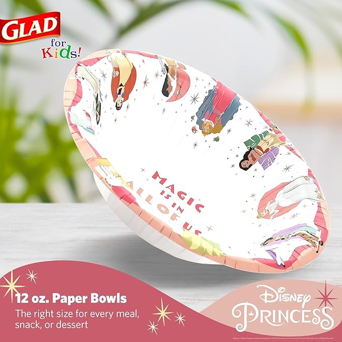 Glad for Kids Disney Princess Paper Snack Bowls with Lids, “Magic is in All of US” - Heavy Duty, Microwavable, Disposable Snack Cups with Lid for Soup or Ice Cream, 12 Ounce, 20 Count - 10 Pack