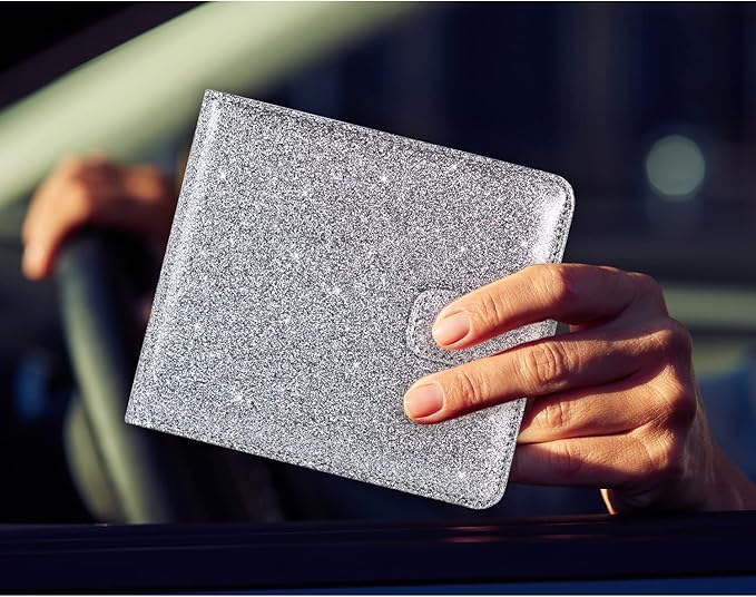 Car Registration & Insurance Holder - Premium Leather Document Organizer for Cards, Essential Documents, Driver License - Gray Glitter