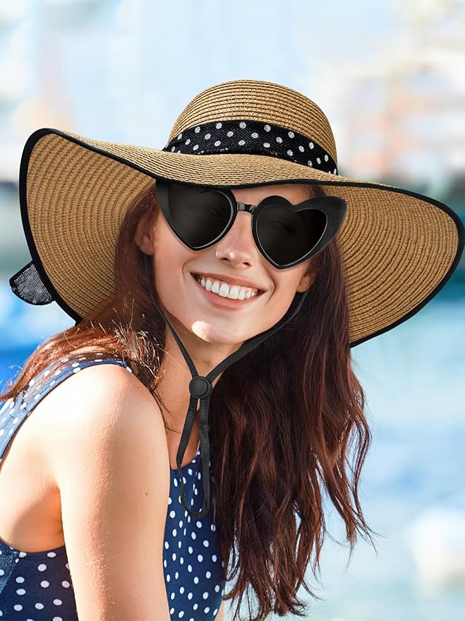 Senker Fashion Sun Hats for Women, Wide Brim Floppy Beach Straw Hat for Summer Travel Vacation Foldable with Sunglasses