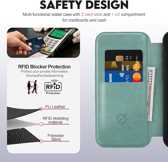 CIVICASE for iPhone 16 Pro Wallet Case with Stand,PU Leather Flip Credit Card Holder Slots (RFID Blocking),Compatible with Magsafe Magnetic Holder Phone Cover Women Men,Green