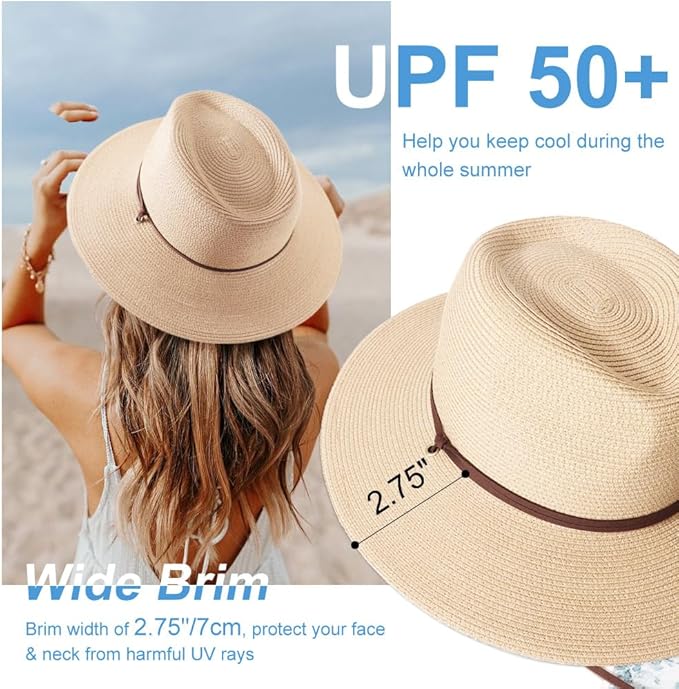 DRESHOW Women Straw Panama Hat Travel Fedora Beach Sun Hat Summer Wide Brim Straw Roll up Hat UPF 50+