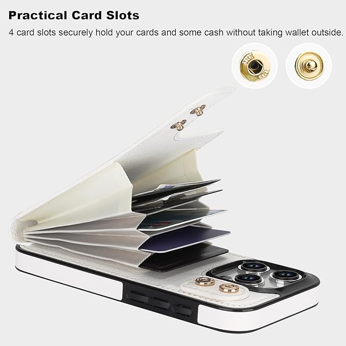 Folosu Compatible with iPhone 15 Pro Case Wallet with Card Holder, 360°Rotation Finger Ring Holder Kickstand, RFID Blocking Leather Protective Double Buttons Shockproof Cover 6.1 Inch White
