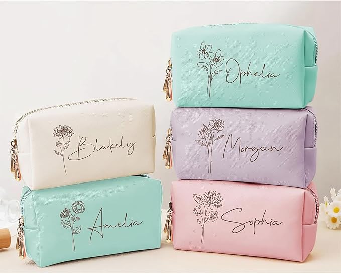 DayOfShe Personalized Bridesmaid Gifts Makeup Bag with Name and Birth Flower, Custom Travel Makeup bag for Toiletries Bridal Shower Gifts