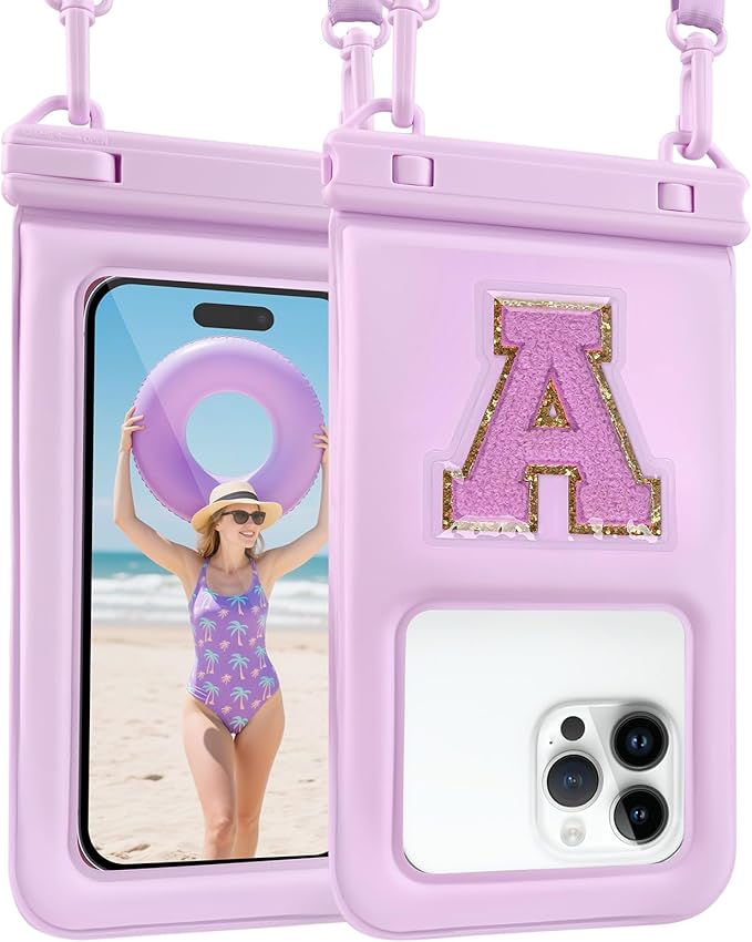 Waterproof Phone Pouch Floating, Fashion Letters Cell Phone Dry Bag for iPhone 17 16 15 14 13 Pro Max, Galaxy S25 S24 S23 S22 Ultra Google, Up to 7.5" Phones Purple