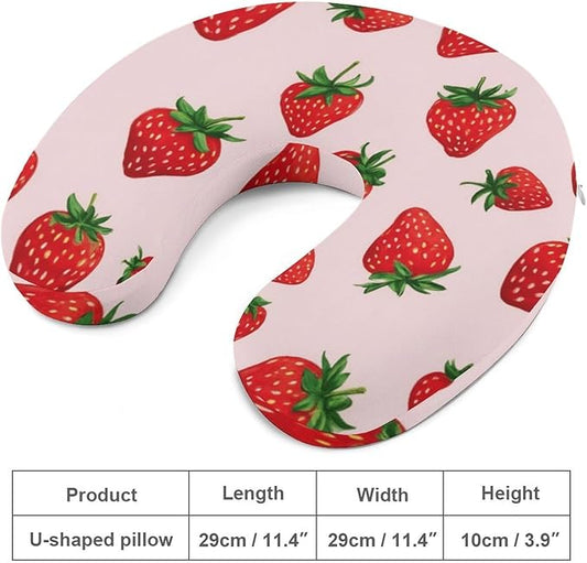 Women’s Travel Pillow U-Shaped Memory Foam Neck Rest, Strawberry Fruit U-Shape, Washable Airplane Car Support