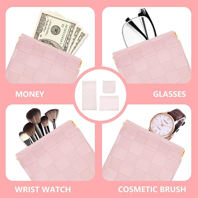 3PCS Small Makeup Bag for Women, Mini Cosmetic Bags Leather Pocket Pouch Purse,Snap Closure Waterproof Portable Bag,Checkered Storage Travel Bag for Lipstick Change Glasses Coin Cards (Pink)
