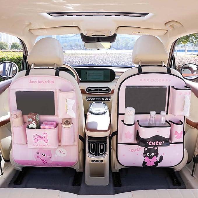 YUNZLAN Leather Backseat Car Organizer, Kick Mats Back Seat Protector with Touch Screen Tablet Holder Back Seat Organizer for Kids with 4 Storage Pockets Travel Accessories (PinkPinkCat)