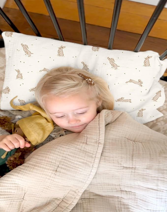 Toddler Pillowcases for 13"x18" Pillow 2 Pack, Muslin Small Toddler Baby Kids Travel Pillow Covers for Boys Girls with Envelope Closure (Rabbit B & Beige, 14 x 20 Inch)