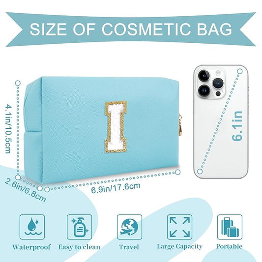 Small Personalized Initial A-Z Preppy Patch Makeup Bag,PU Chenille Letter Travel Cosmetic Pouch with Zipper,Blue Cute Toiletry Bag,Gift Ideal for Teen Girls Women Teacher Bridesmaid,Letter I
