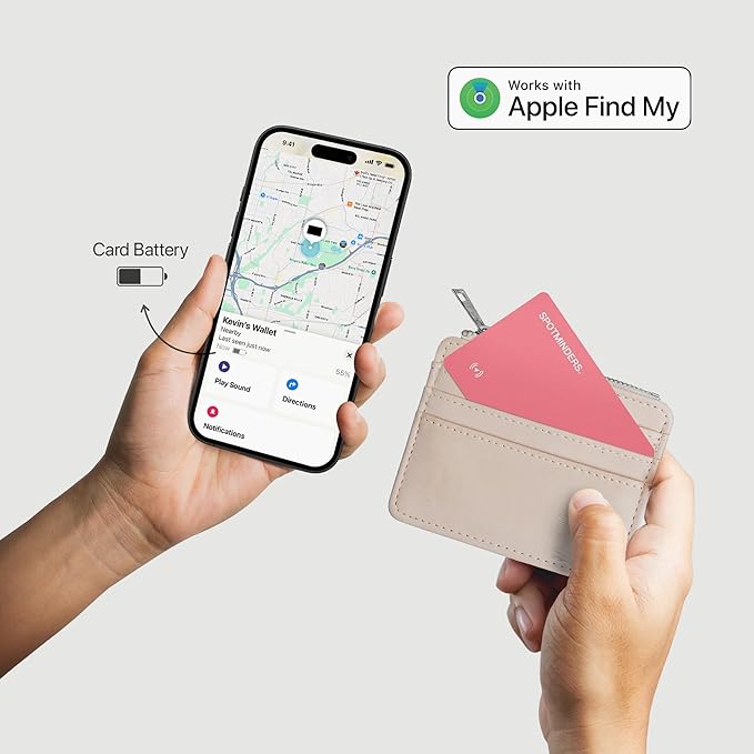 SPOTMINDERS Apple MFi Certified Wallet Tracker for Valentines Day Gifts for Women (iOS Only) Works with Apple Find My IP68 Rechargeable Tracking Card 0.07in Slim iPhone Item Finder for Luggage, Purse
