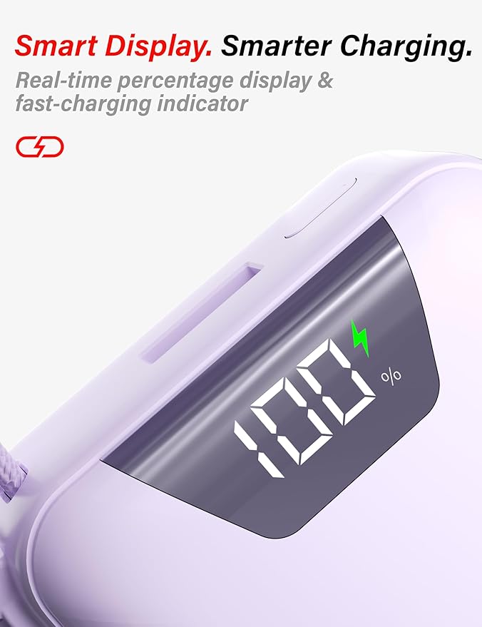 Mini Portable Charger, 10000mAh Ultra-Compact Power Bank, 22.5W PD Fast Charging, Tpye-C Built-in Cable, Small Size External Battery Pack for iPhone, Samsung, Android iPad (Purple)