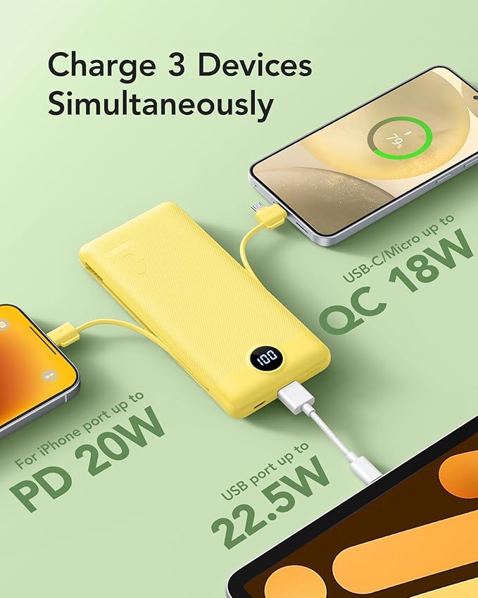 VRURC Portable Charger with Wall Plug, 10000mAh PD 20W Fast Charging Slim Portable Charger Built in Cables Power Bank with Cords,USB C Portable Phone Charger Travel Accessories -Yellow(1 Pack)