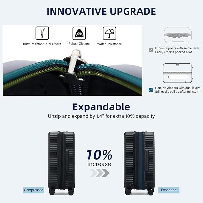 Hard Shell Suitcases Expandable Travel Luggage Sets 2 Piece, Carry on and Check in Luggage Lightweight Suitcase Set 2 Piece with Wheels Cup Holder Charger Built in (Black, 20/28)