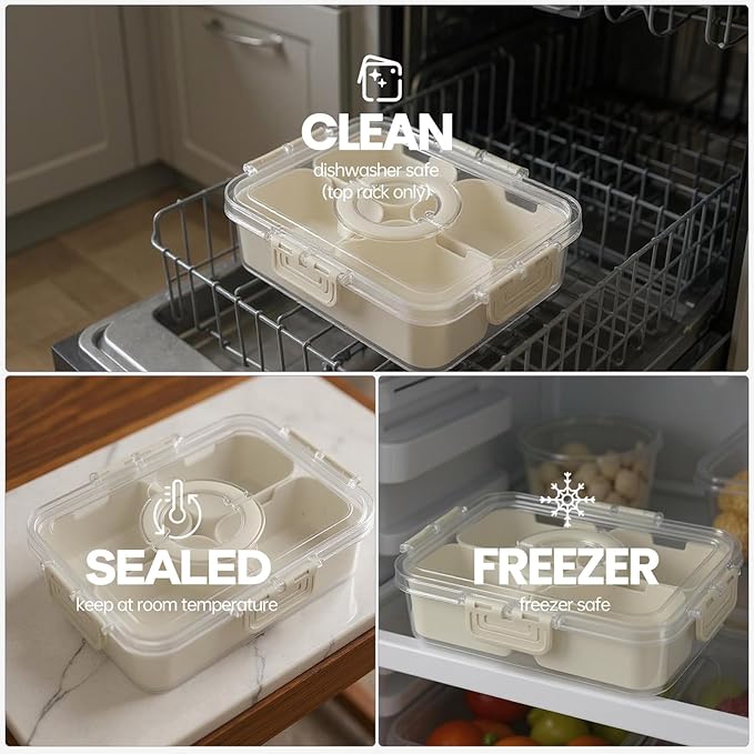 Snackle Box Container, Upgrade Dishwasher,Safe Snack Box for Adult Kids, 4 compartments Plastic Divided Serving Tray with Lid and Handle for Candy, Fruits, Snacks, Nuts,Small,White,2 Pack