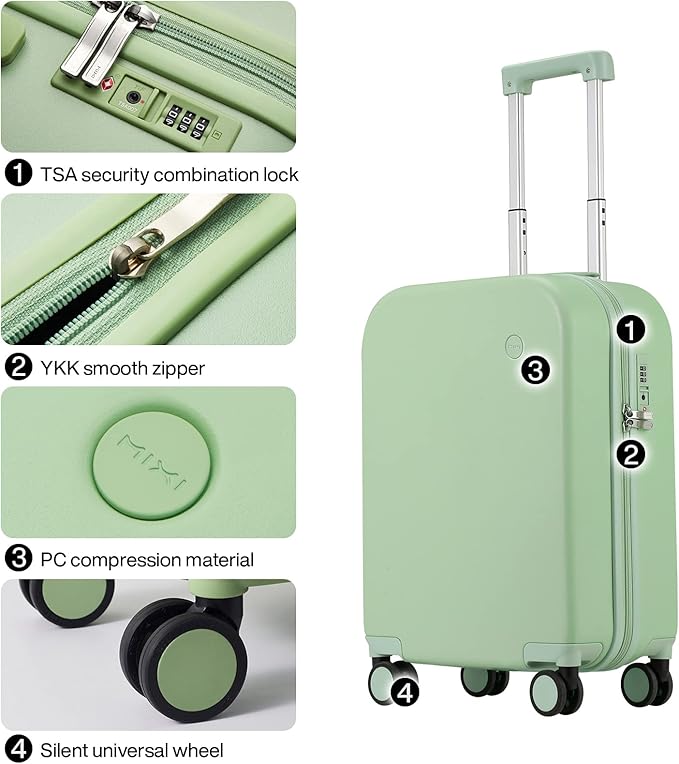 mixi Carry on Luggage, 20'' Suitcase Spinner Wheels Luggage Hardshell Lightweight Rolling Suitcases PC with Cover & TSA Lock for Business Travel, Avocado Green
