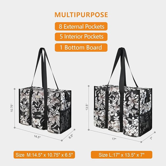 TOPDesign Utility Water Resistant Tote Bag with 13 Pockets, Top Zipper Closure & Thick Bottom Support, for Working Women