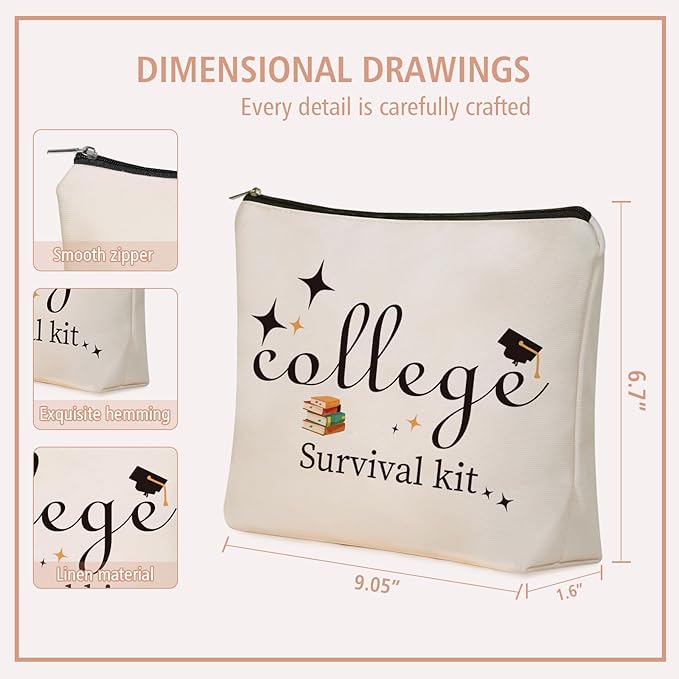 College Survival Kit Makeup Bag - Water-Resistant Cosmetic & Toiletry Organizer Pouch, Cute Graduation Gift for Girls, Teens, Daughters, Niece (Dorm, Travel, Daily Essentials)
