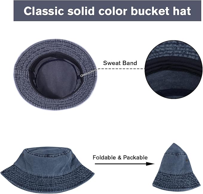 Washed Cotton Bucket Hats Packable Summer Outdoor Cap Travel Beach Sun Hat Plain Colors for Men Women