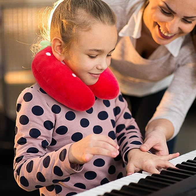 H HOMEWINS Travel Pillow for Kids,Cute Animal Toddler Neck Pillow for Boys Girls,Soft Neck Head Chin Support Pillow,Travel Accessories for Airplane, Car, Train,Recline(Strawberry)