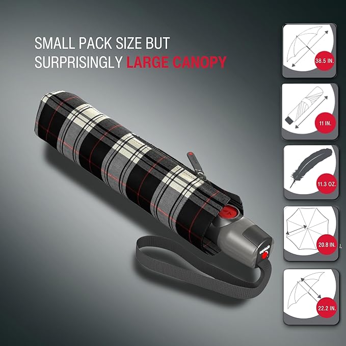 Knirps T.200 Duomatic Compact Rain Umbrella in Black/White Check– Wind Tunnel Tested to 93 mph, Aluminum Steel Fiberglass Frame, 38in Canopy, OEKO-TEX, High-Performance Automatic Travel Umbrellas