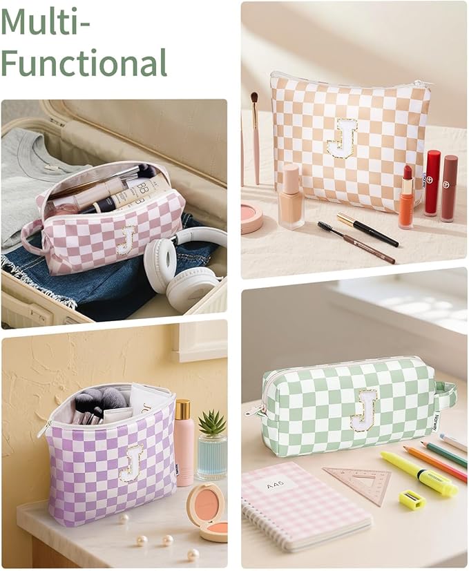 Narwey 2 Piece Personalized Initial Makeup Bag Checkered Cosmetic Bags, 6 8 10 11 12 13 14 16 18 Years Old Teen Girl Gifts Trendy Stuff Birthday Gifts for Women, Travel Toiletry Bag (Green Letter J)