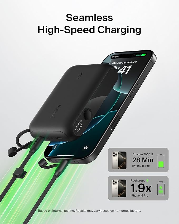 Belkin Portable Charger, Slim USB-C Power Bank 10,000mAh w/ 2 USB-C Ports, Digital Battery Display, 20W Charging Battery Pack - iPhone 17, Air, Pro, Samsung Galaxy S25, Pixel 10, iPad, & More - Black