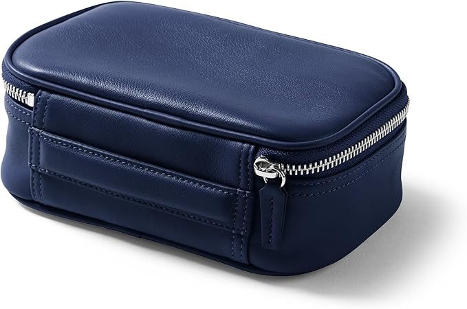 Leatherology Navy Blue Small Travel Organizer – Full-Grain Leather Tech & Toiletry Case with Zipped Mesh Pocket, Elastic Loops & Water-Resistant Lining