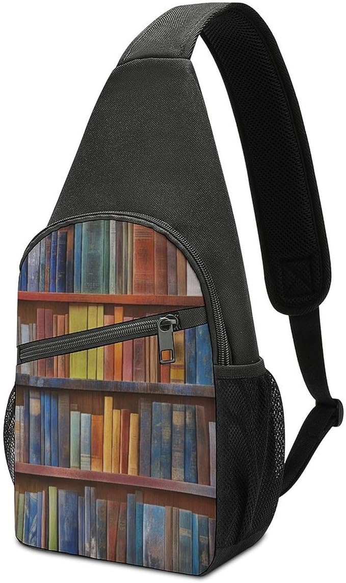 SWEET TANG Men's Crossbody Bag Anti Theft Shoulder Backpack, Funny and Chest Bags Vintage Library Bookshelf Bookcase for Fishing Cycling Hiking, Lightweight and Large Capacity