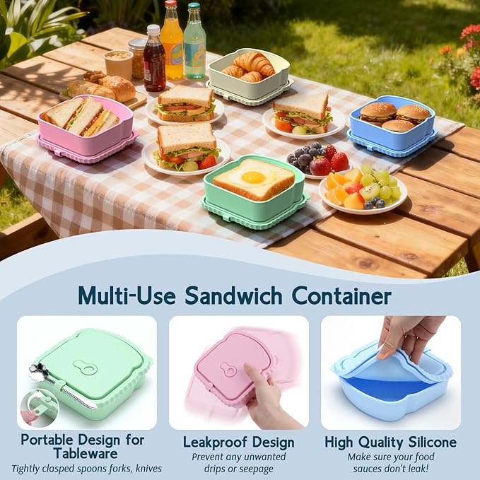 ICEROYCE 4 Pack Sandwich Containers, Reusable Snack Containers & Sandwich Box for Breakfast, Leak-Proof Lunch Containers Sandwich Bags for Picnic, Office, Travel