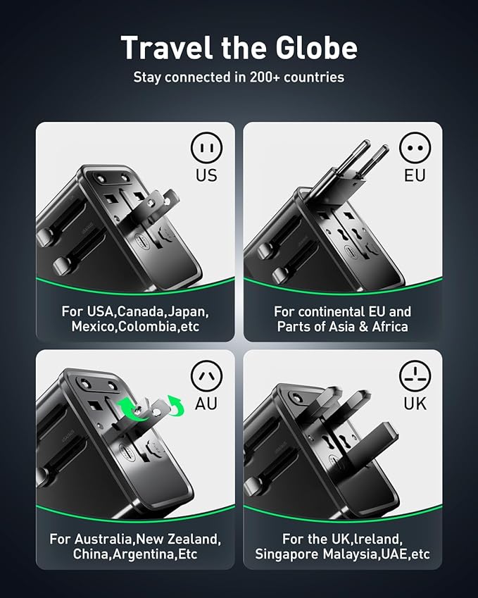 Tiny Universal Travel Adapter, 30W GaN Fast Charging International Power Adapter with 4 Ports (1 AC, 1 USB-A, and 2 USB-C), Plug Adapter with Smart Chip for Over 200 Countries, PD&QC Charger