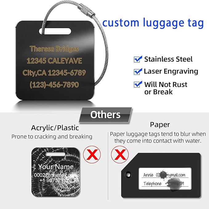 (5 Pack) Custom Personalized Luggage Tags-Customized Unique tag for Suitcase Backpack Travel,Bags (Black (3.8×2))