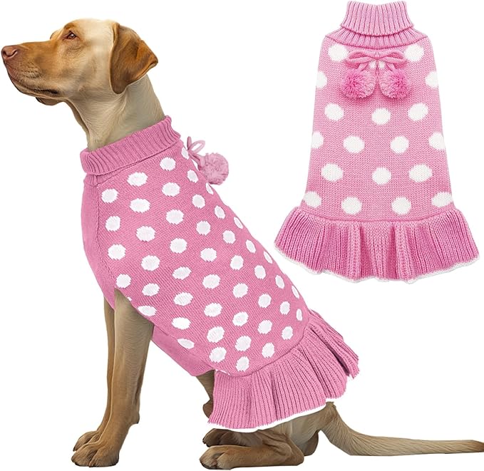 KYEESE Valentines Dog Sweater Dress, Warm Dog Sweaters Medium Large Size Dogs Girl, Cozy Pullover Pet Clothes Knit Pet Apparel with Leash Hole, Pink Dot, 2XL