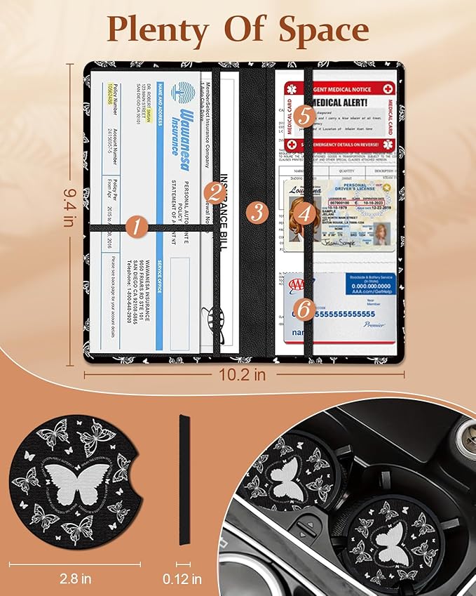 Slohif Car Registration and Insurance Card Holder - Butterfly Vehicle Glove Box Organizer Women with Magnetic Shut Leather Automobile License Holders Coasters Auto Accessories Case for Document