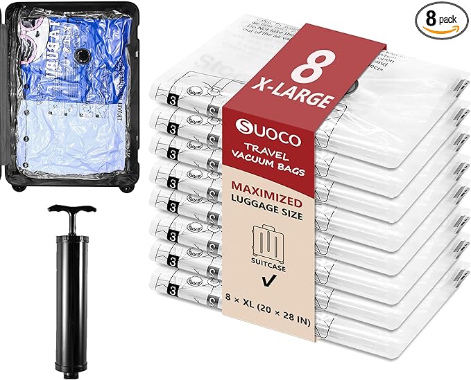 SUOCO Travel Vacuum Seal Bags for Clothing with Hand Pump, 8 XL Compression Packing Bags for Luggage Suitcase, Space Saver Storage